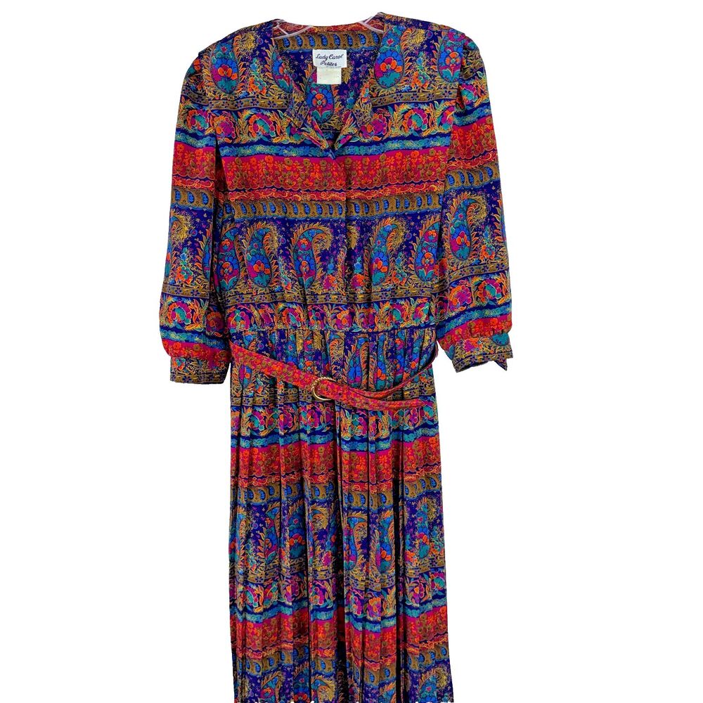 Lady Carol Petite Vintage 80s Paisley Modest Pleated Midi Dress Cottagecore Boho